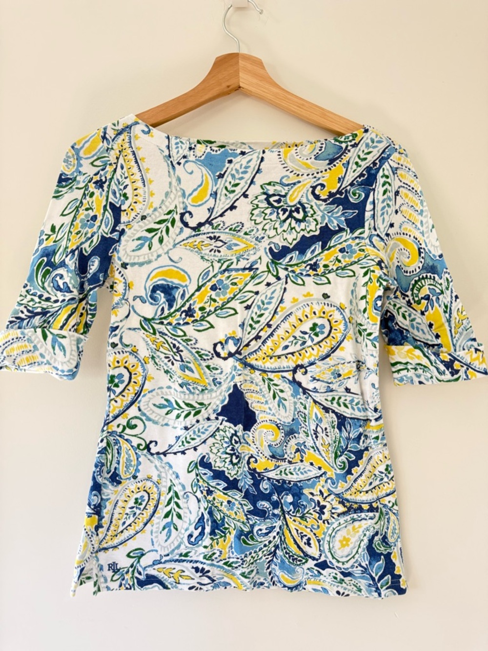 Lauren Ralph Lauren White Navy Yellow Paisley Boatneck Top